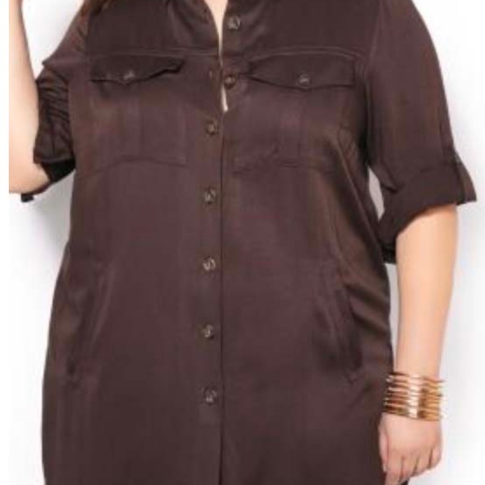 BLOUSE, STRETCH TWILL, BLACK COFFEE, SIZE 4X, BUTTON & TAB ¾ SLEEVES, BUTTON